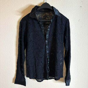 men's see-through Black lace button-up shirt with satin collar and cuffs #goth